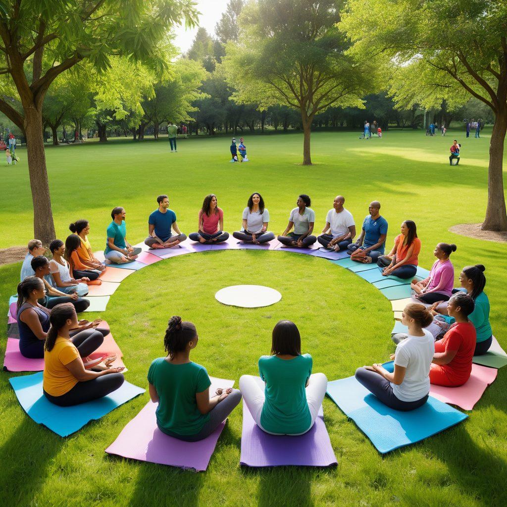 A vibrant and diverse community gathering in a park, engaging in various health activities such as yoga, group discussions, and health screenings. The scene includes healthcare professionals interacting with community members, showcasing innovative technologies like health monitoring devices. Bright colors and cheerful expressions create a sense of collaboration and hope for improved health outcomes. Super-realistic, vibrant colors, outdoor setting.