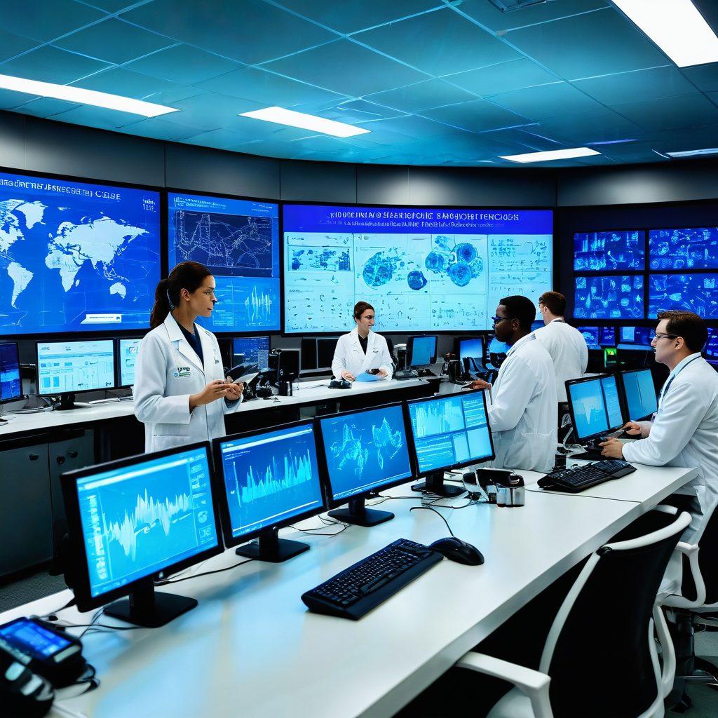 A dynamic research laboratory scene with scientists collaborating on innovative health technology, showcasing advanced medical devices and data analytics on screens. Include diverse researchers in lab coats, vibrant lab equipment, and a backdrop of futuristic health graphs. A sense of optimism and progress in patient care. super-realistic. vibrant colors. 3D.