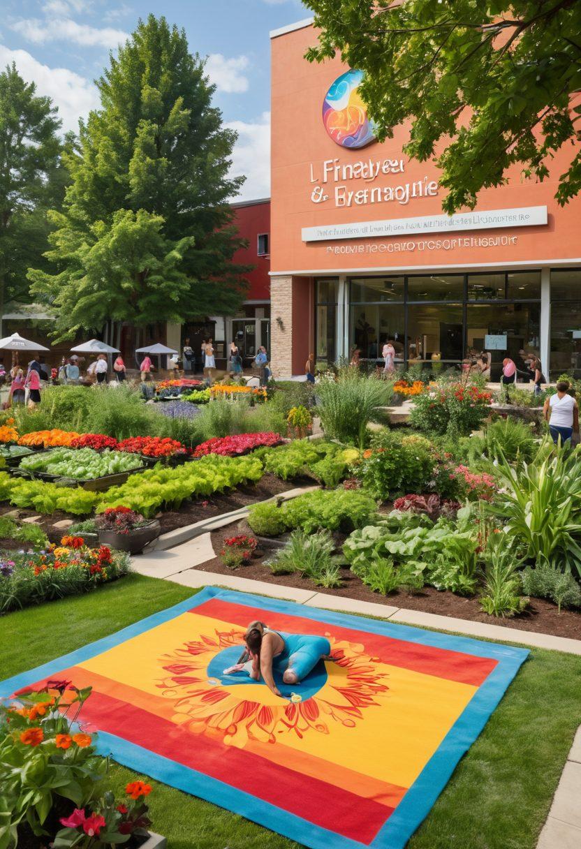 A vibrant community scene depicting diverse individuals engaging in wellness activities such as yoga, cooking healthy meals, and participating in health workshops. In the background, a collaborative urban health center sign showcases UCHC's logo, surrounded by lush greenery symbolizing growth and vitality. Include elements like colorful flower beds and community members of all ages interacting joyfully. super-realistic. bright colors. community-focused.